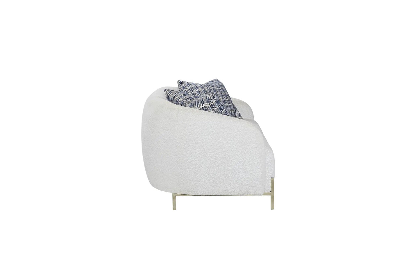 Rounded white fabric stationary sofa with blue cushions and brass legs on Tampa Home & Garden Store