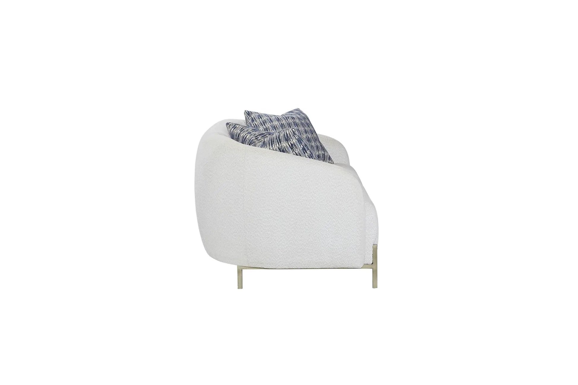 Rounded white fabric stationary sofa with blue cushions and brass legs on Tampa Home & Garden Store
