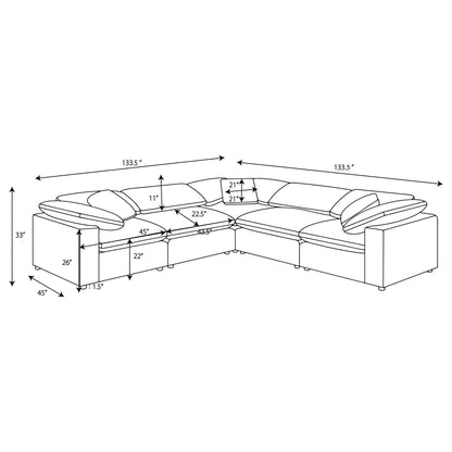 Segoura 5-piece upholstered modular sectional with reclined back pillows line drawing schematic on Tampa Home & Garden Store