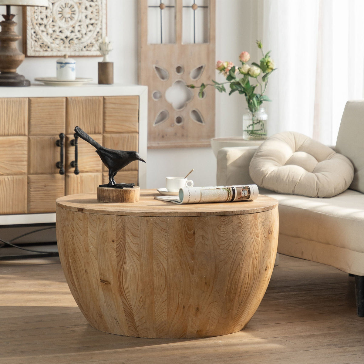Vintage Style Barrel Coffee Table With Storage in natural wood, HouseOfZazla on Tampa Home & Garden Store