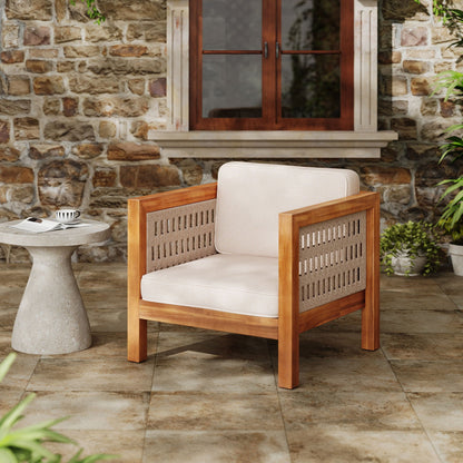 Outdoor Club Chair with rope-arm design and cream cushions by HouseOfZazla in wood frame on Tampa Home & Garden Store