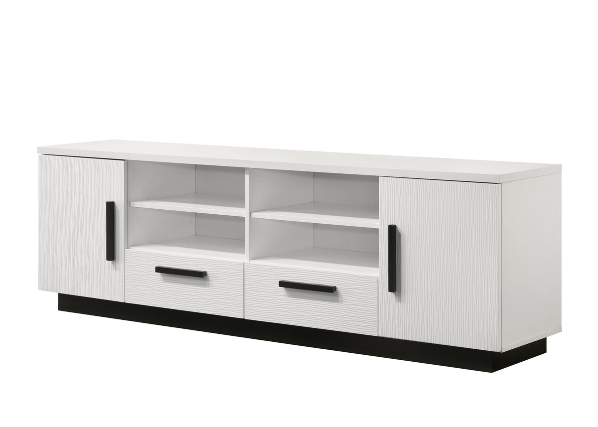 White TV stand with drawers, adjustable shelves, textured panel doors, black handles on Tampa Home & Garden Store