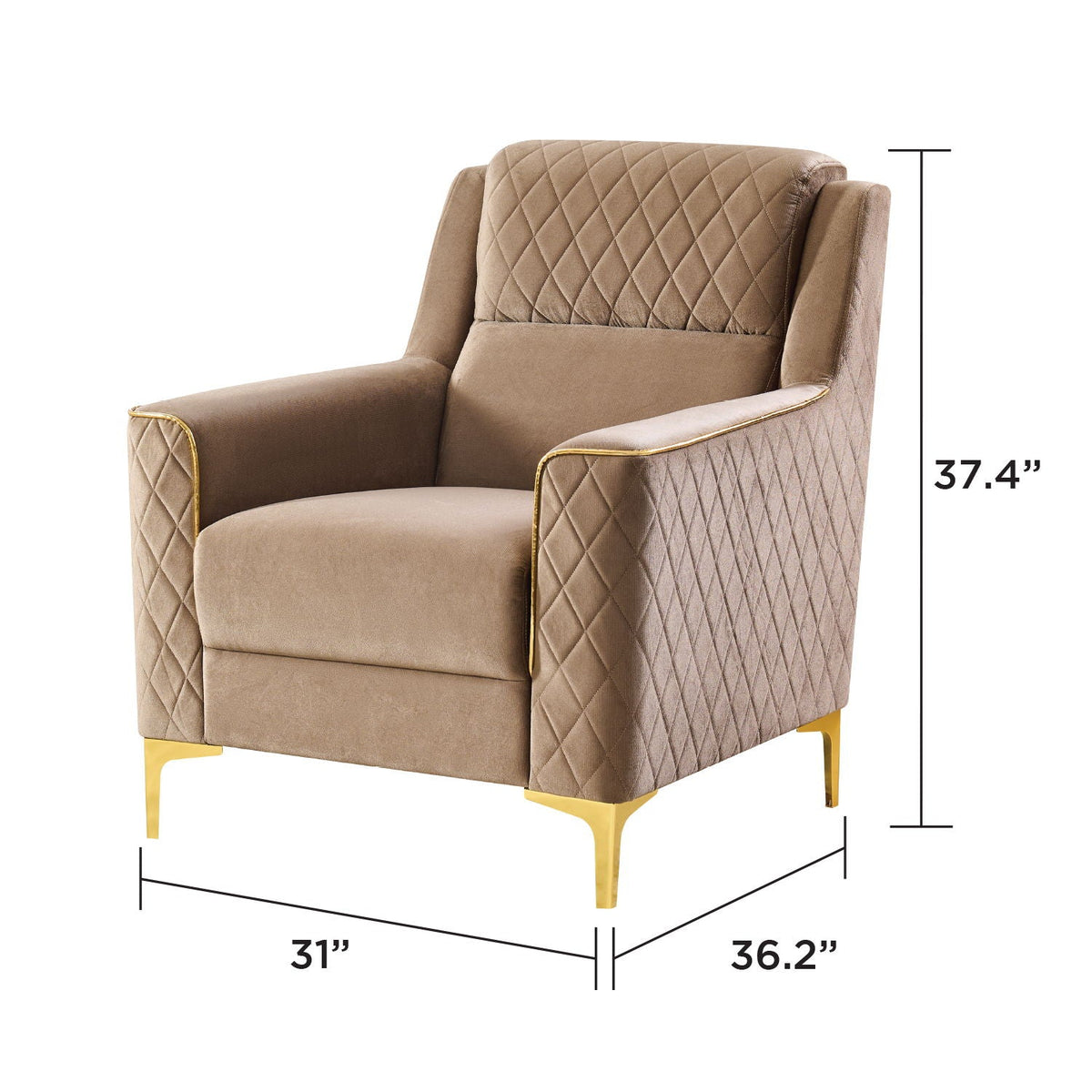 Upholstered living room chair with quilted back, beige fabric, gold legs, HouseOfZazla on Tampa Home & Garden Store