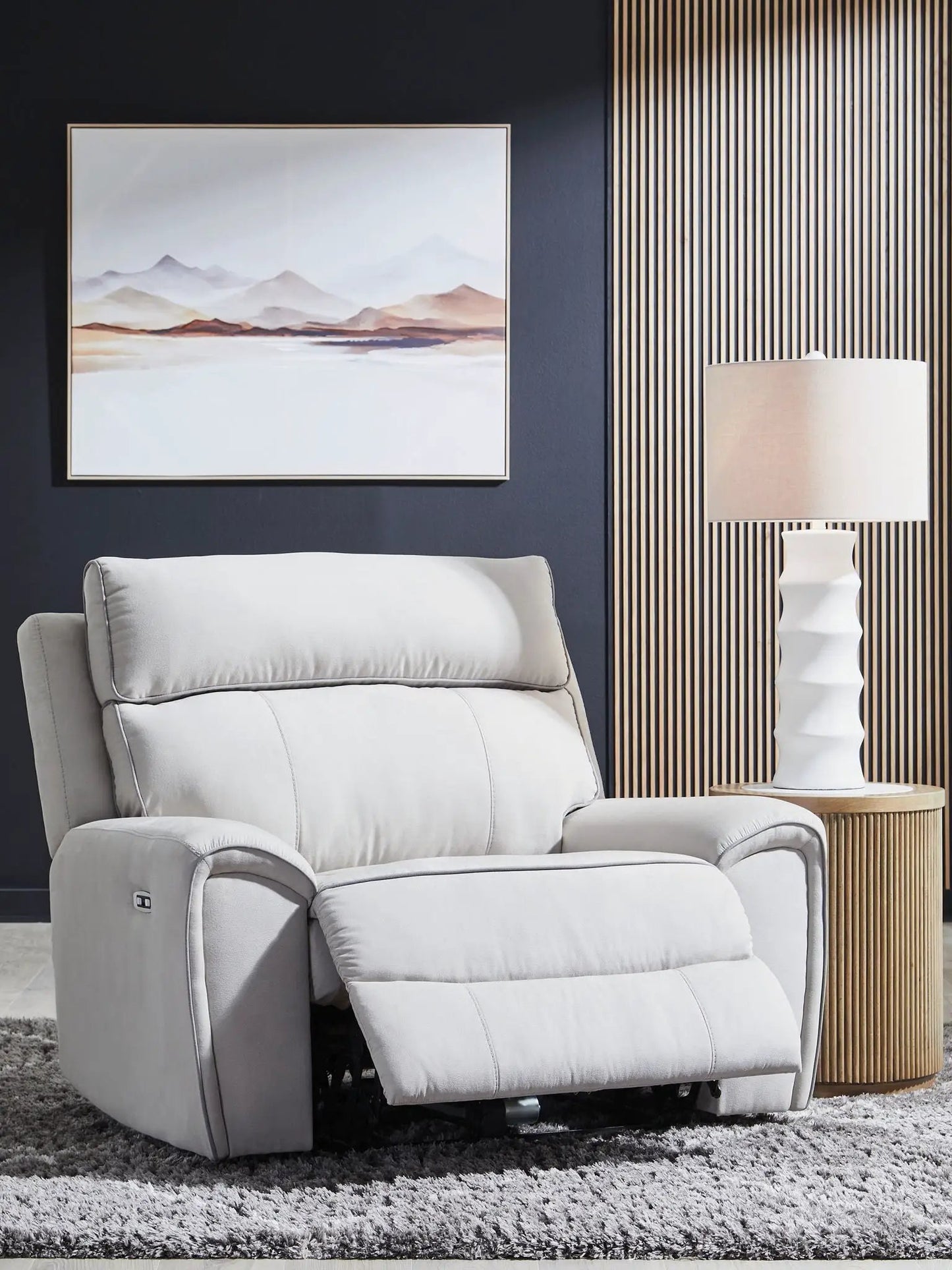 Social Pointe power recliner with adjustable headrest in pearl ash upholstery on Tampa Home & Garden Store