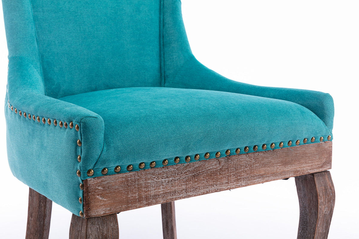 Ultra Side Dining Chair teal upholstery with brass nail head trim and rustic wood legs on Tampa Home & Garden Store