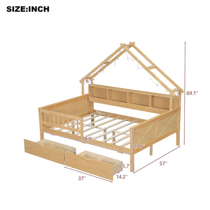 HouseOfZazla House Style Platform Bed with LED lights, storage drawers, shelves, guardrail on Tampa Home & Garden Store
