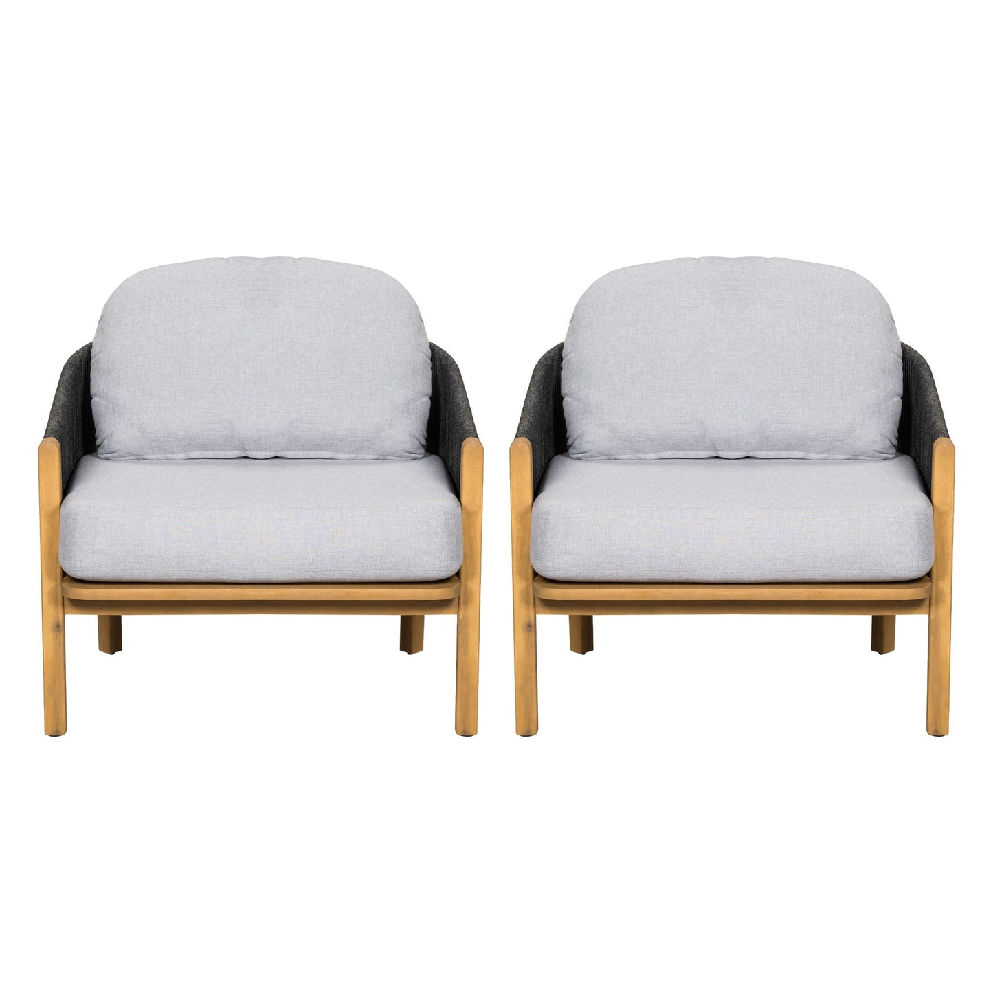 Grotta Outdoor Wood Club Chair Set of 2 with light gray cushions and natural wood frames on Tampa Home & Garden Store
