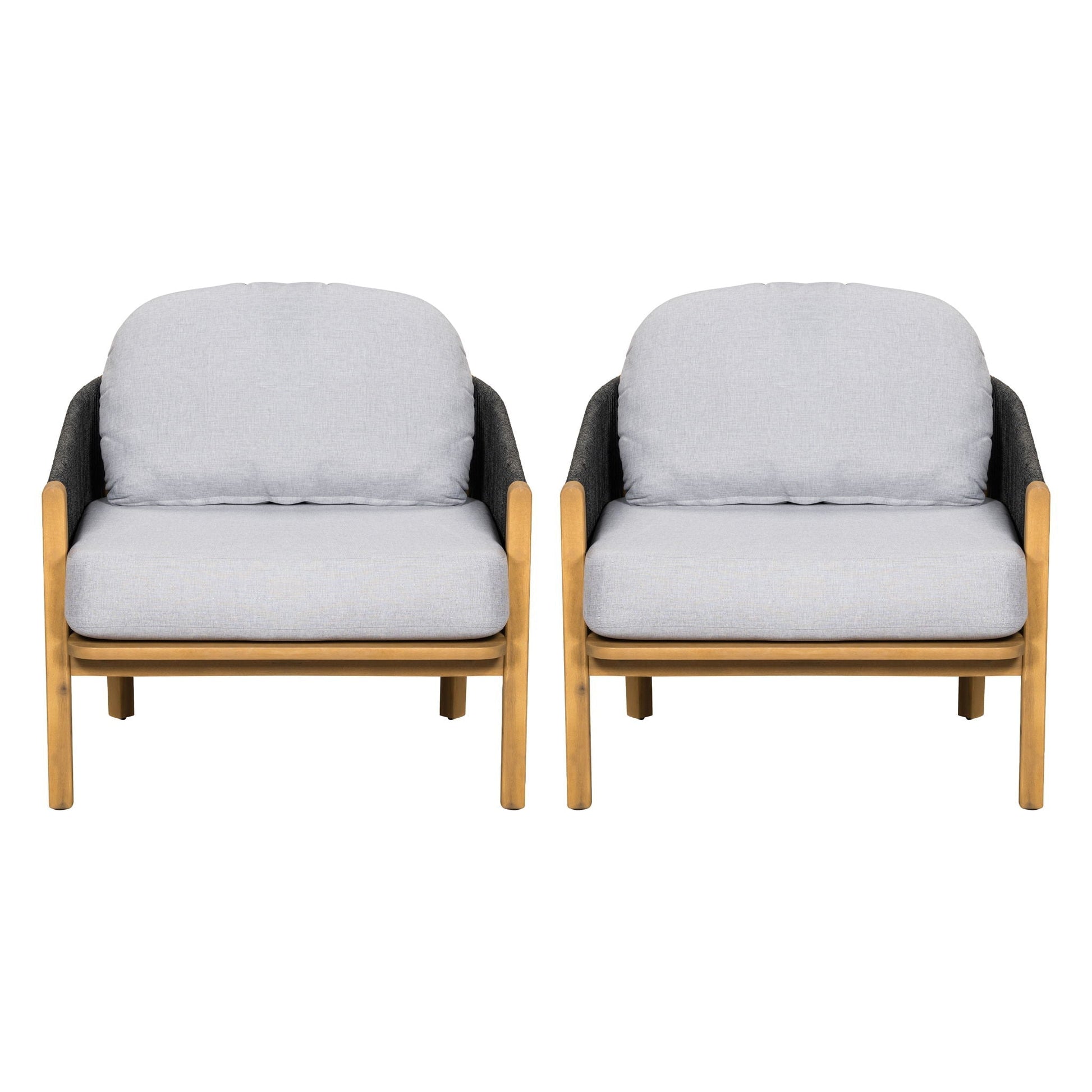 Grotta Outdoor Wood Club Chair Set of 2 with light gray cushions and natural wood frames on Tampa Home & Garden Store