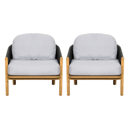 Grotta Outdoor Wood Club Chair Set of 2 with light gray cushions and natural wood frames on Tampa Home & Garden Store