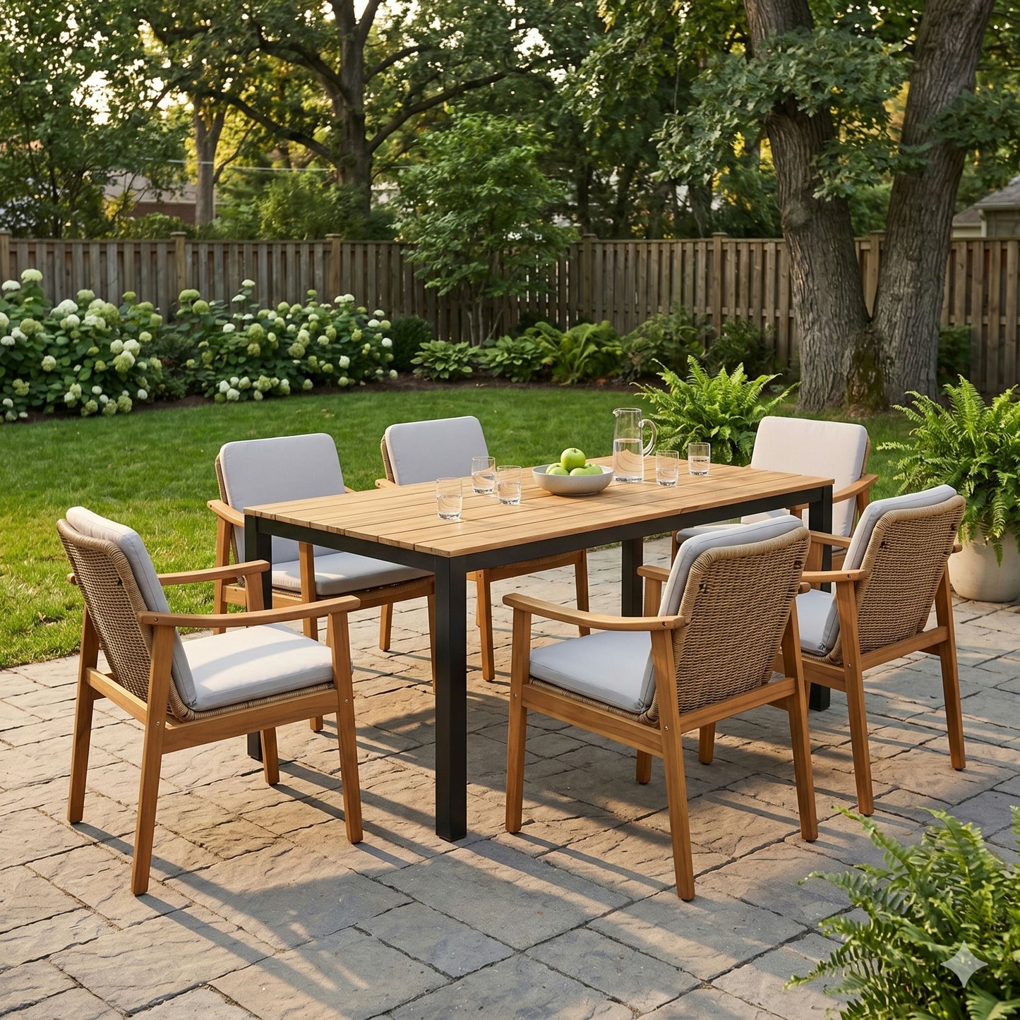 7-Piece Outdoor Patio Dining Set HouseOfZazla with wooden table and wicker chairs gray cushions on Tampa Home & Garden Store