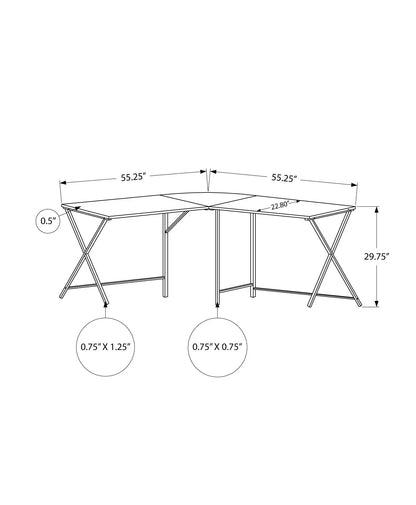 Corner L-shaped computer desk wireframe with 55.25" sides, 29.75" height, metal X-frame legs on Tampa Home & Garden Store