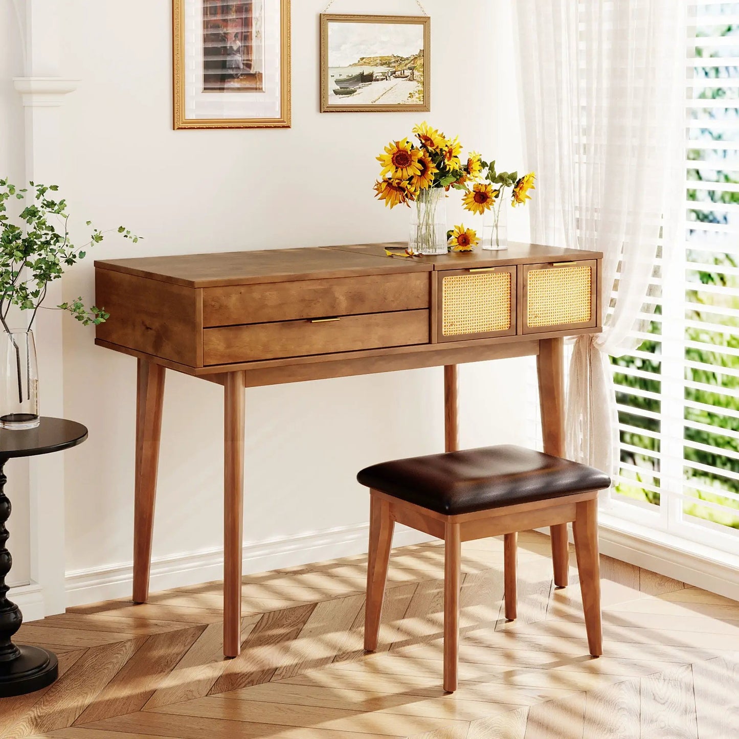 Classic wood vanity with three drawers and woven cabinet doors, sunflowers in glass vases on top, leather stool on Tampa Home & Garden Store