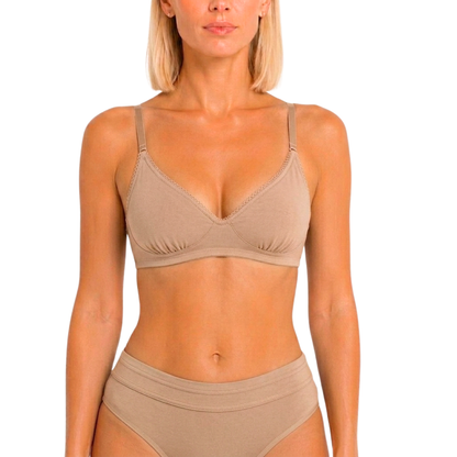 Wireless plunge bralette beige organic cotton Net Positive with smooth cups and straps on Tampa Home & Garden Store