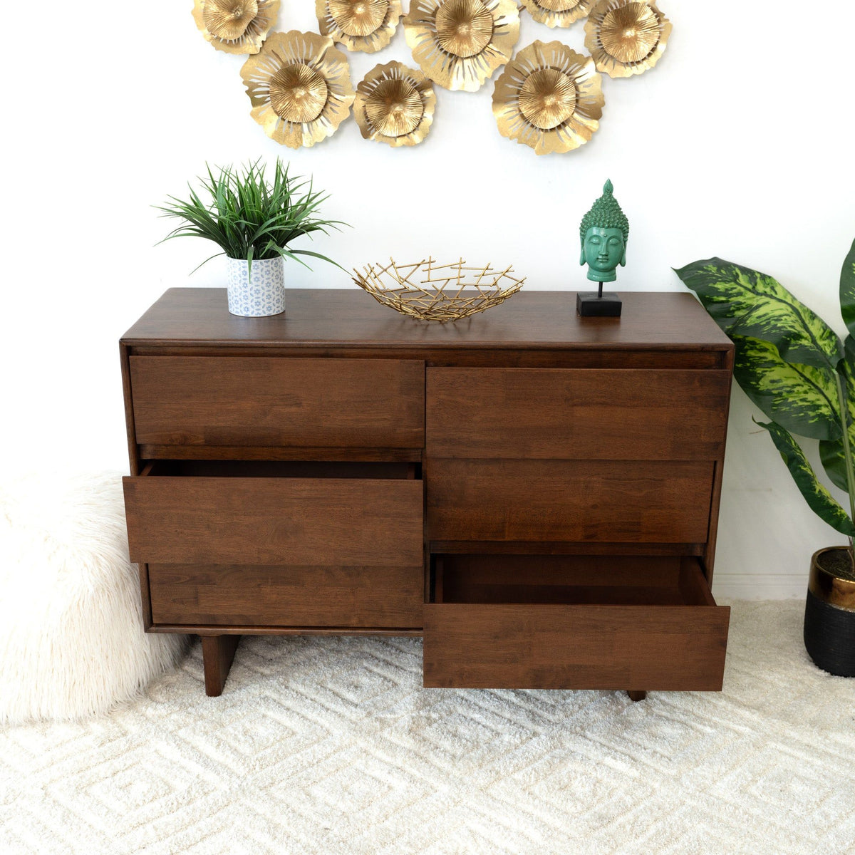 Brown solid-wood mid-century dresser with 6 drawers, plant, gold wire bowl, turquoise Buddha on Tampa Home & Garden Store