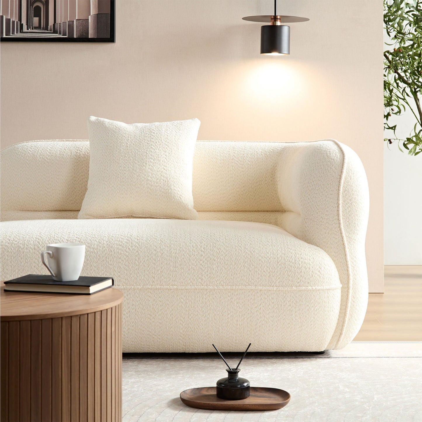 Sectional sofa in cream boucle with solid wood frame and high-density cushions, 2 pillows on Tampa Home & Garden Store
