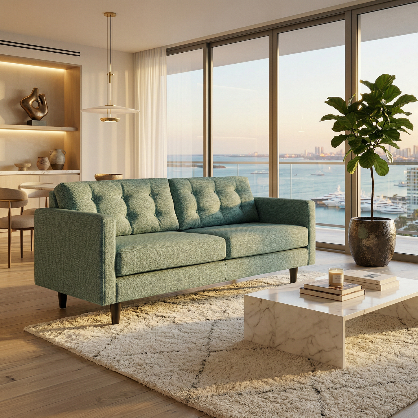 Talmadge Sofa teal-green textured fabric with tufted cushions by HouseOfZazla on Tampa Home & Garden Store