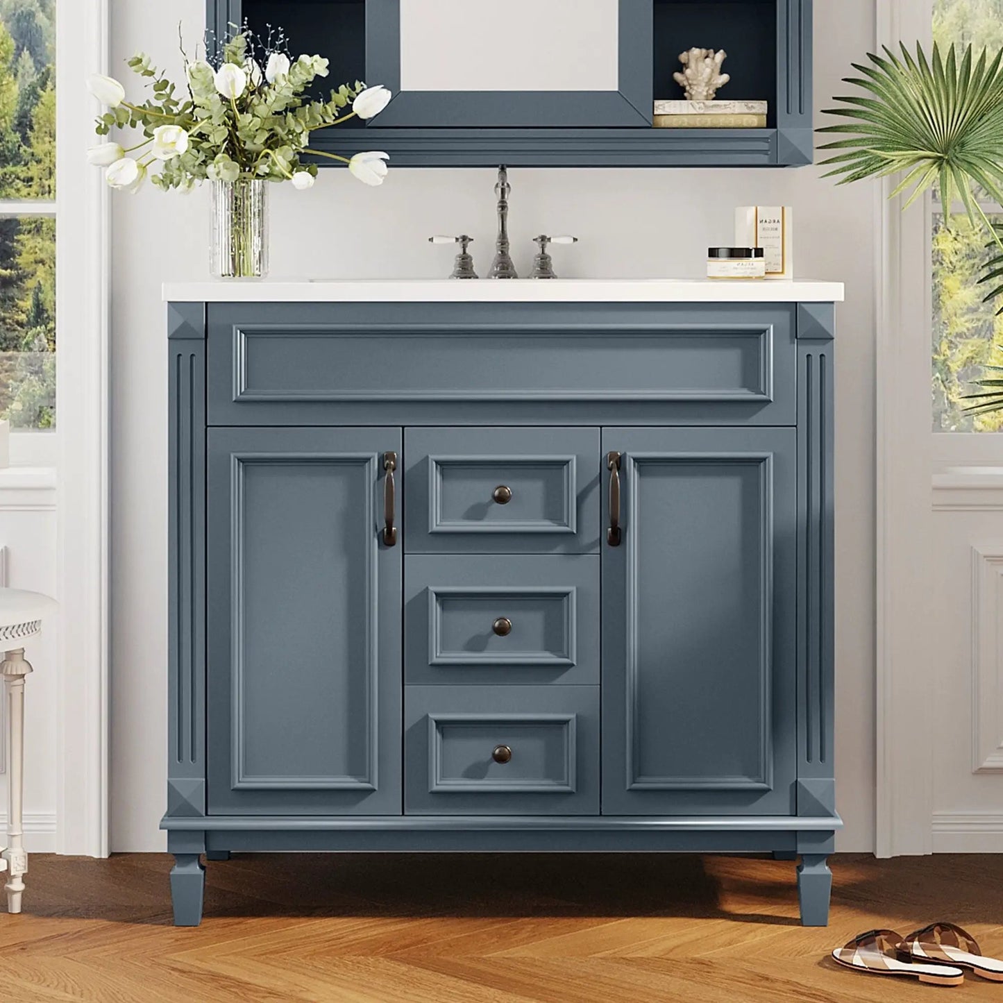 36 Inch Blue Vanity With Top Sink and Drawers
