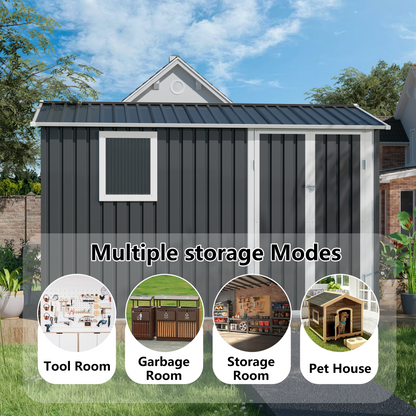 9 x 6 ft metal garden shed by HouseOfZazla with gray corrugated steel siding and white trim on Tampa Home & Garden Store