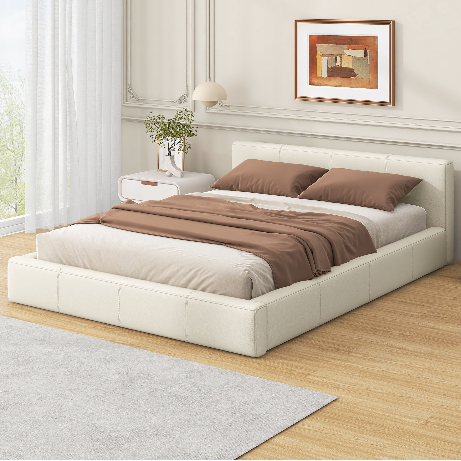 Upholstered bed with birch wood frame in cream, brown bedding, HouseOfZazla on Tampa Home & Garden Store