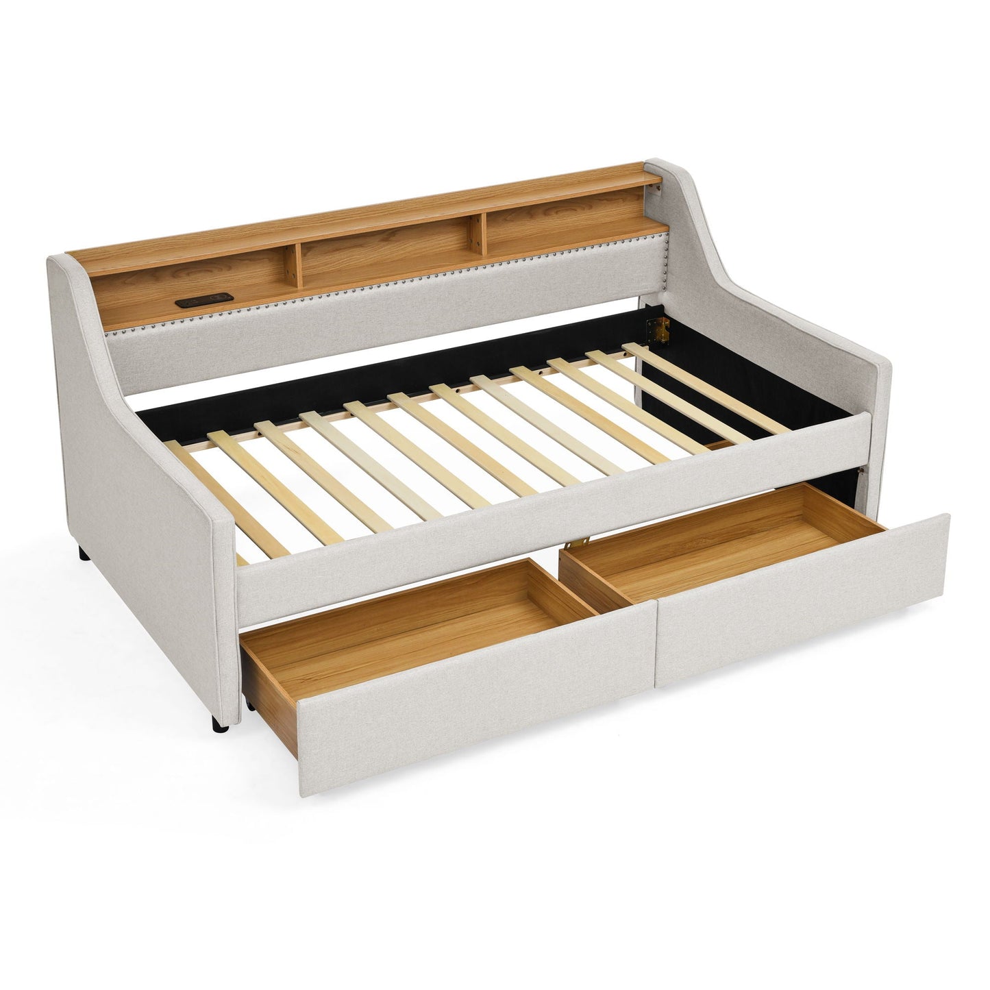 Twin beige upholstered sofa bed with storage drawers, adjustable headboard and LED lighting on Tampa Home & Garden Store