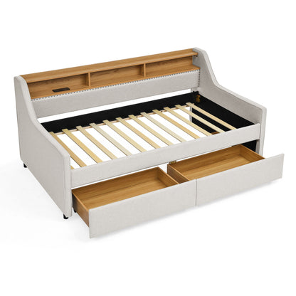 Twin beige upholstered sofa bed with storage drawers, adjustable headboard and LED lighting on Tampa Home & Garden Store