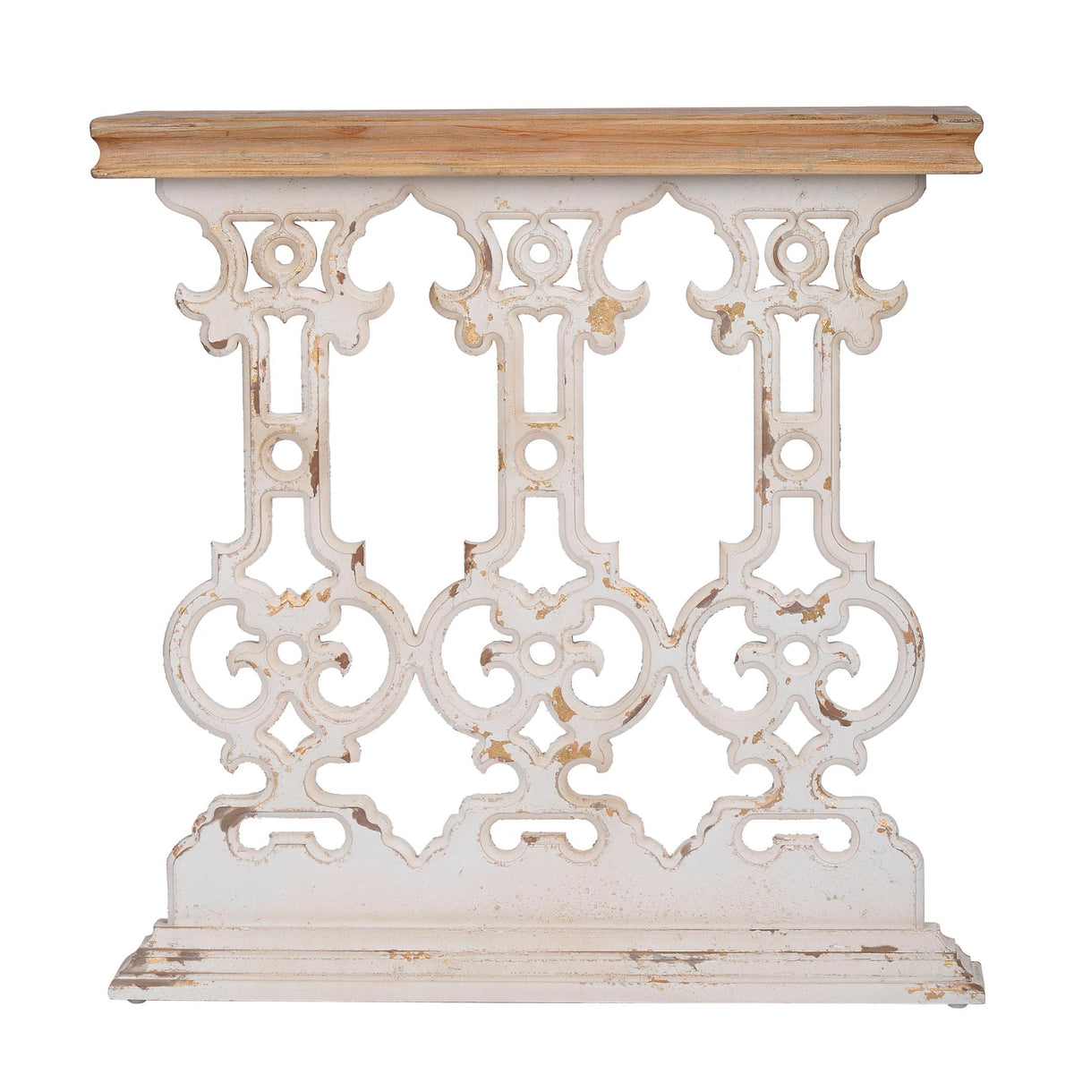 Console table with wood top in antique white and ornate carved base on Tampa Home & Garden Store