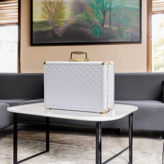 Portable white makeup case with geometric diamond texture and gold hardware on Tampa Home & Garden Store