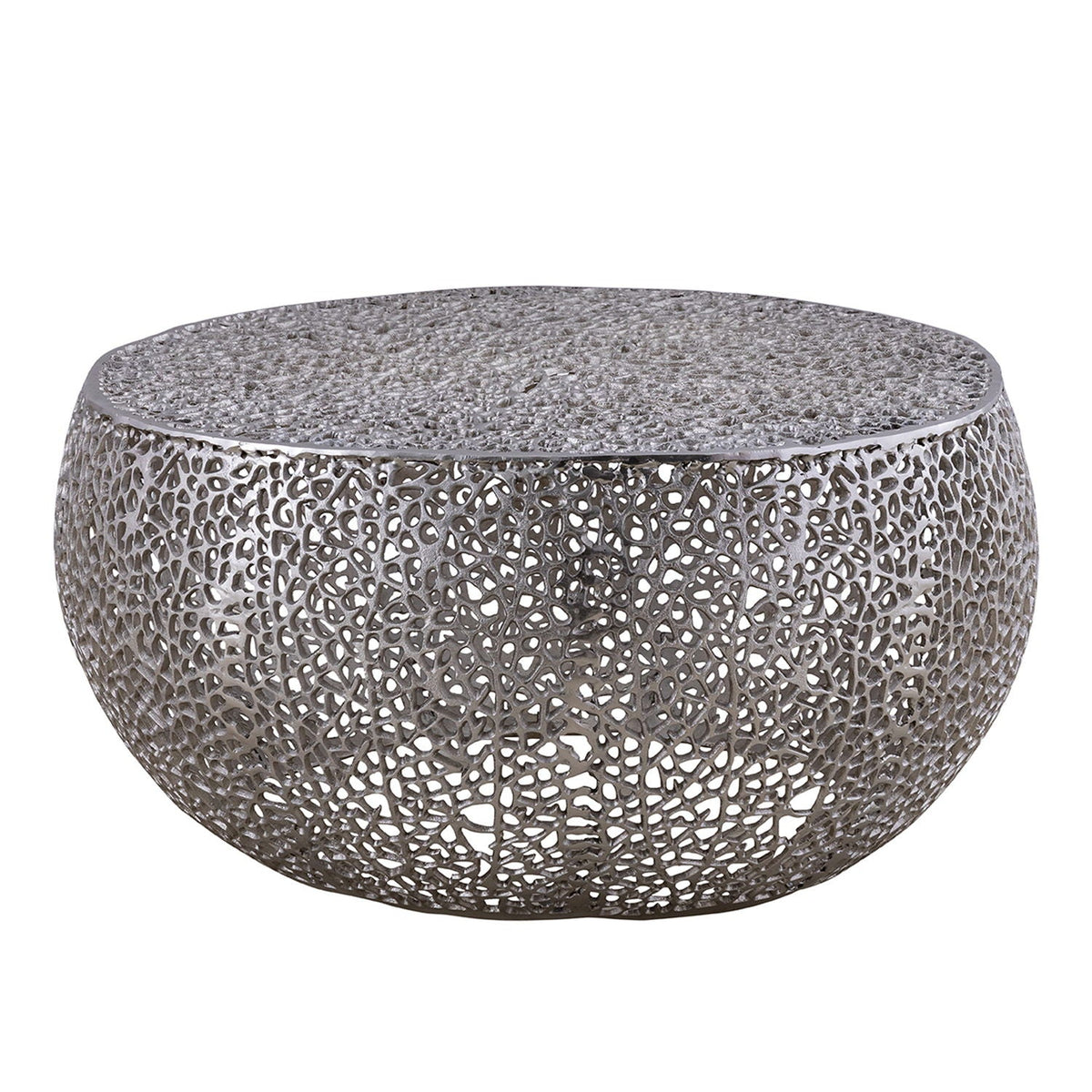 Round coffee table with aluminum frame in pearl silver, perforated metal lattice by HouseOfZazla on Tampa Home & Garden Store
