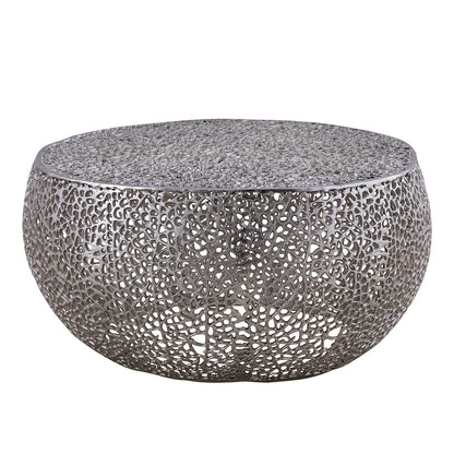 Round coffee table with aluminum frame in pearl silver, perforated metal lattice by HouseOfZazla on Tampa Home & Garden Store