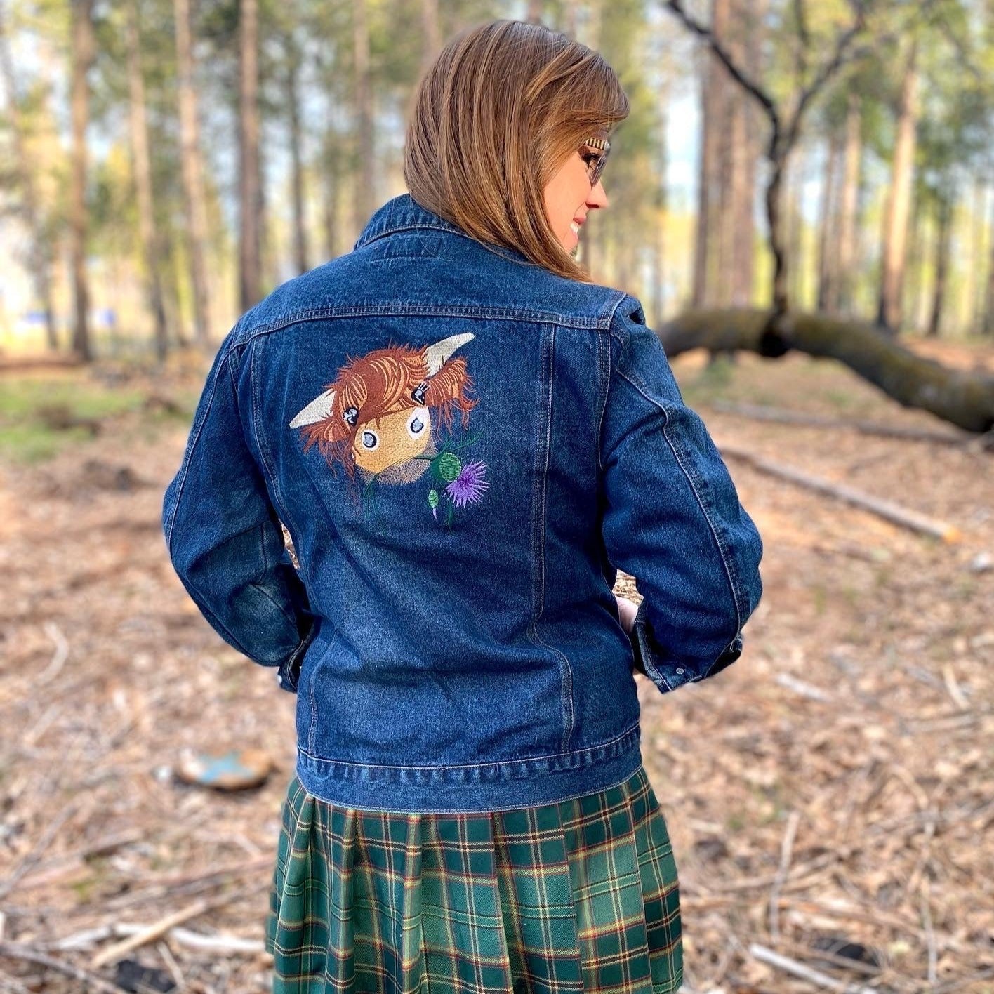 Highland Cow Embroidered Denim Jean Jacket Heilan Coo