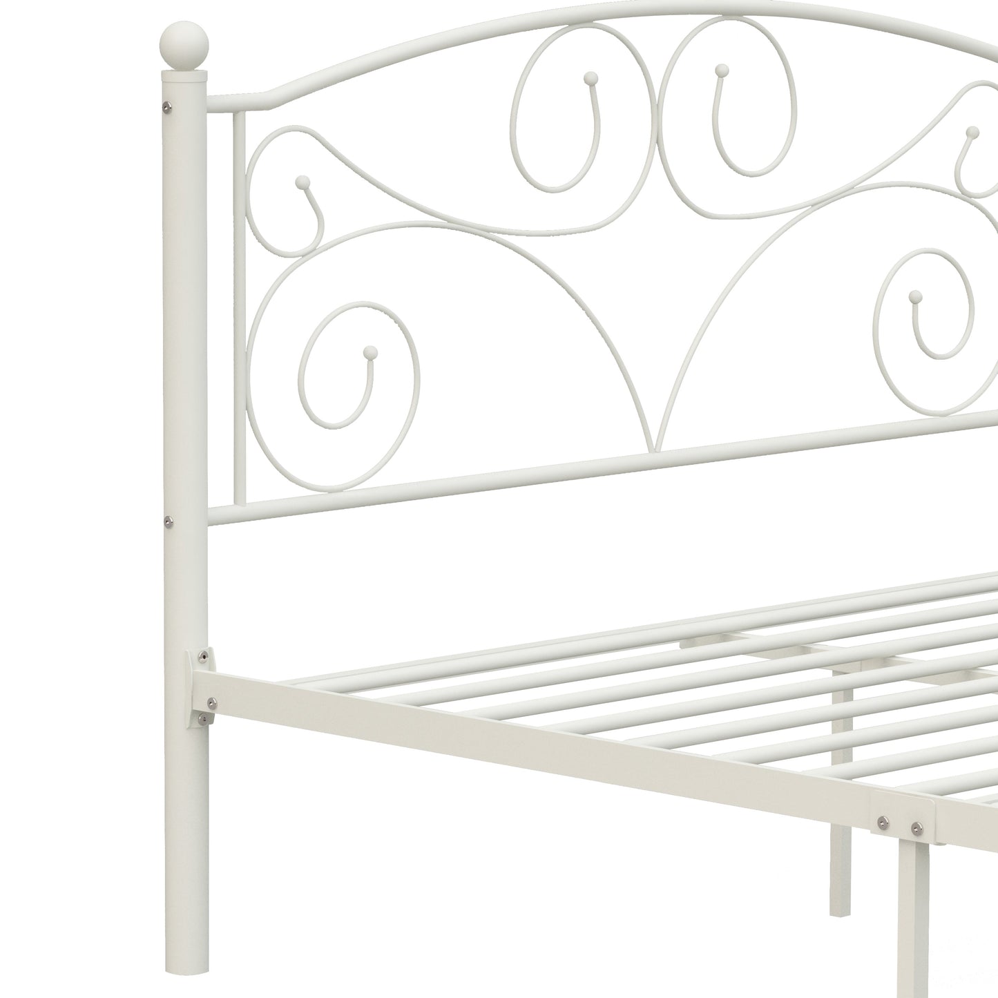 Queen size metal bed frame with ornate headboard and footboard in white finish HouseOfZazla on Tampa Home & Garden Store
