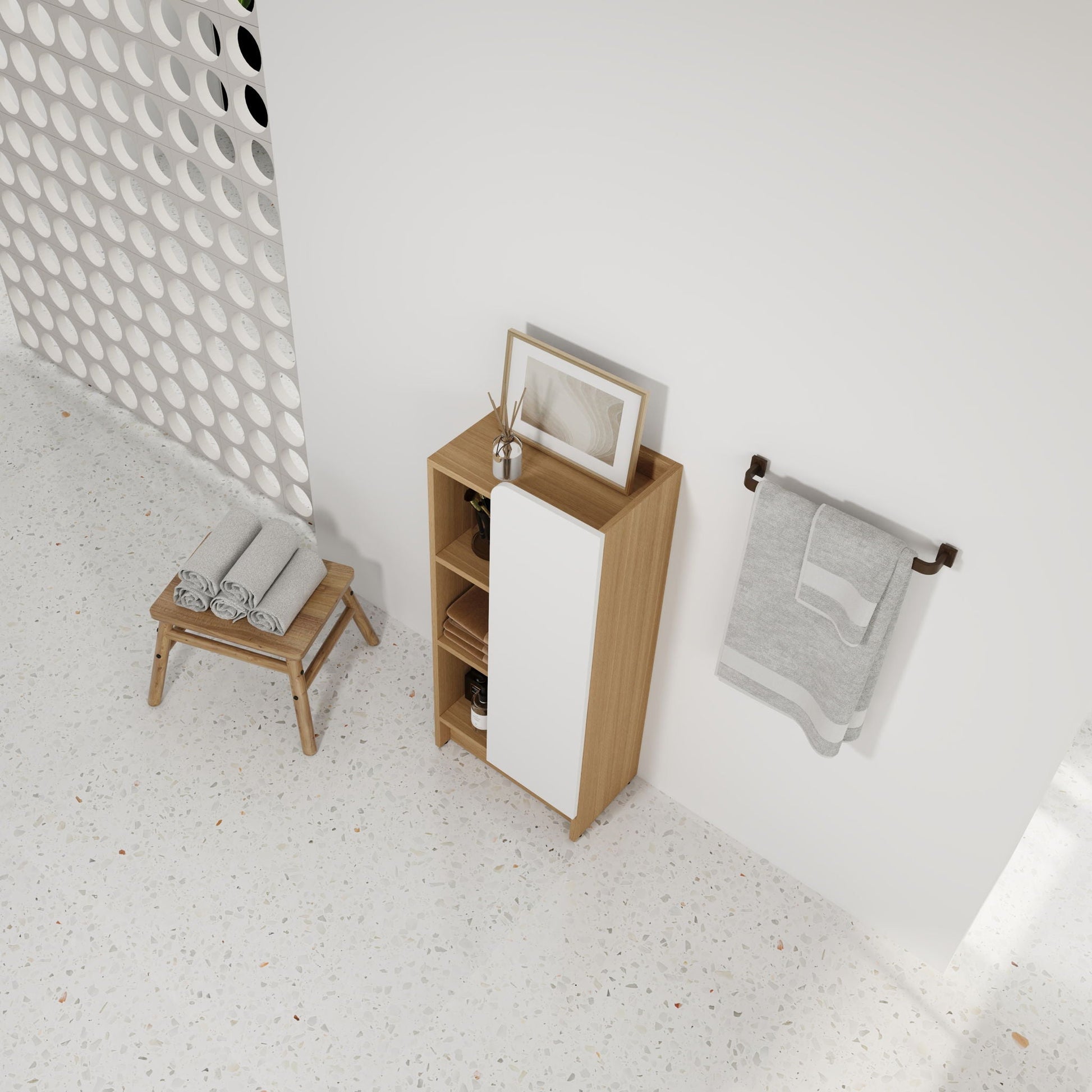 Freestanding bathroom linen cabinet with single door and 3 shelves in light oak and white on Tampa Home & Garden Store