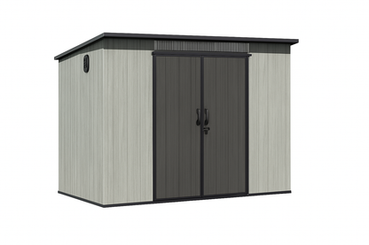 6x11ft outdoor resin storage shed by HouseOfZazla with light gray siding and black doors on Tampa Home & Garden Store