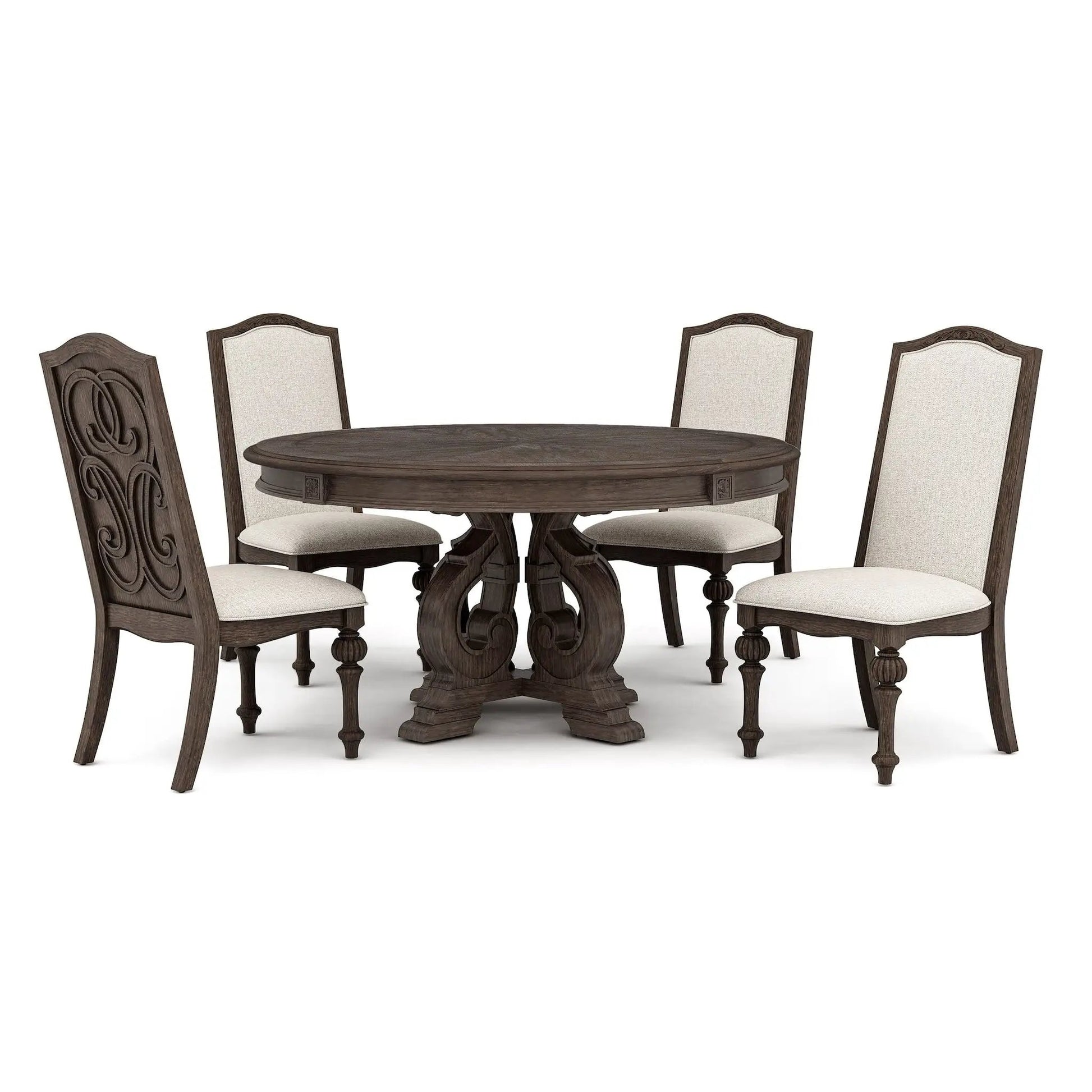 Elegant seven-piece round dining set with dark wood and beige upholstered chairs Unique Piece Furniture on Tampa Home & Garden Store