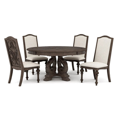 Elegant seven-piece round dining set with dark wood and beige upholstered chairs Unique Piece Furniture on Tampa Home & Garden Store