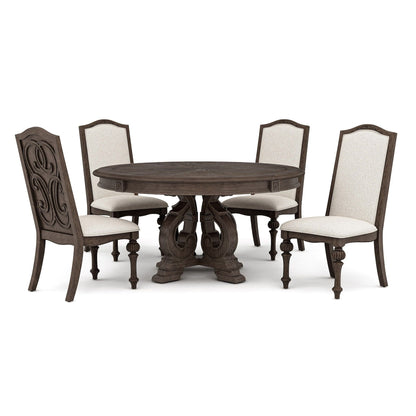 Elegant 7-piece round dining set with pedestal table and upholstered chairs in dark brown finish on Tampa Home & Garden Store