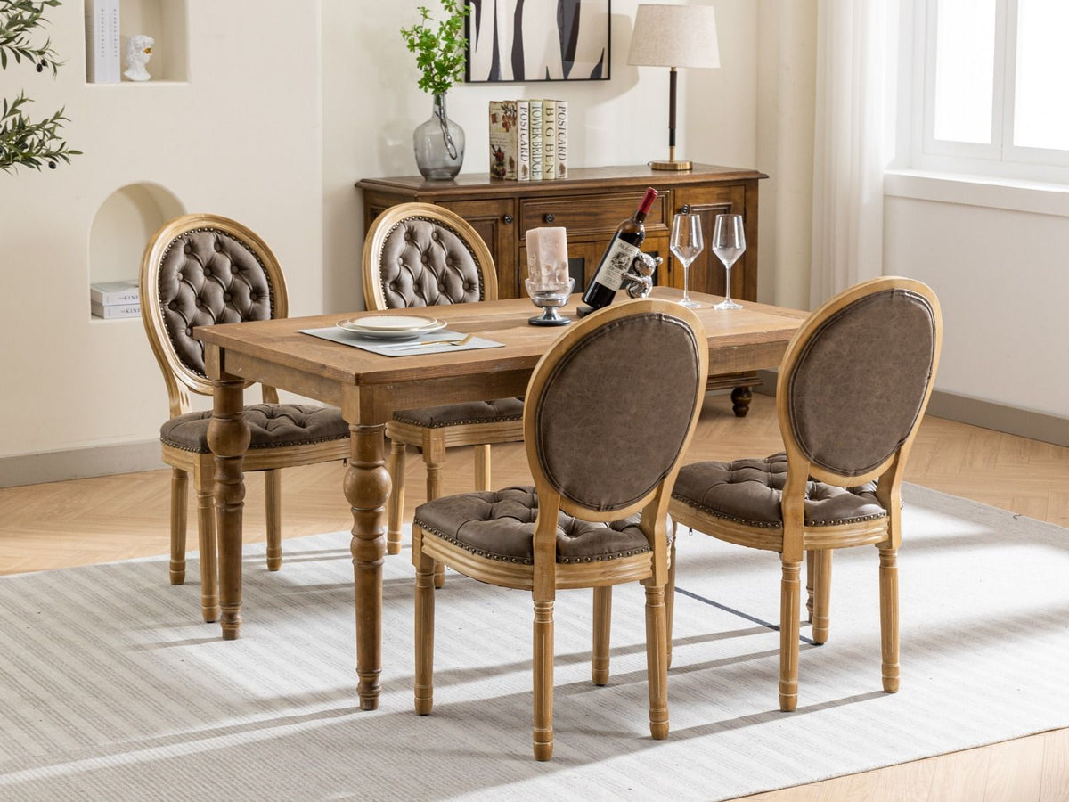 French Style solid wood dining chair set with taupe tufted upholstery and nailhead trim, 6 chairs on Tampa Home & Garden Store
