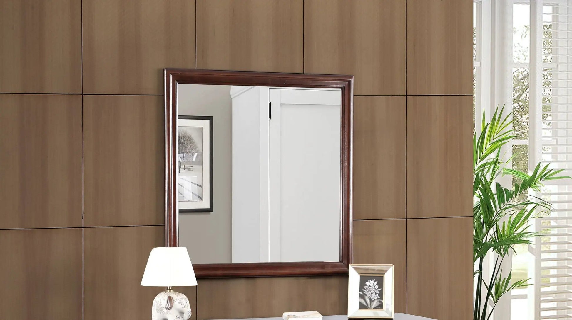Traditional wall mirror with dark brown wood veneer frame by Unique Piece Furniture on Tampa Home & Garden Store