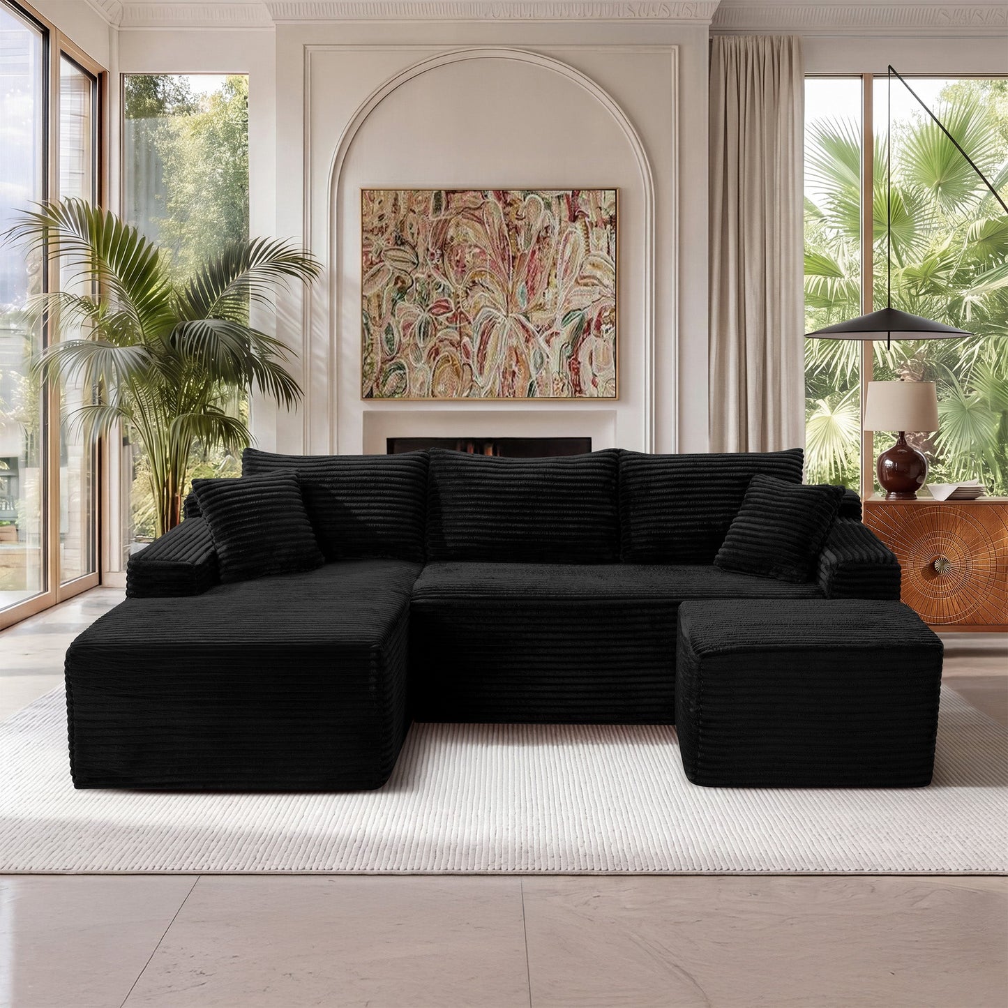 106.3 U-Shaped Cloud Sectional Sofa with Deep Seat in black fabric for a bold living room on Tampa Home & Garden Store