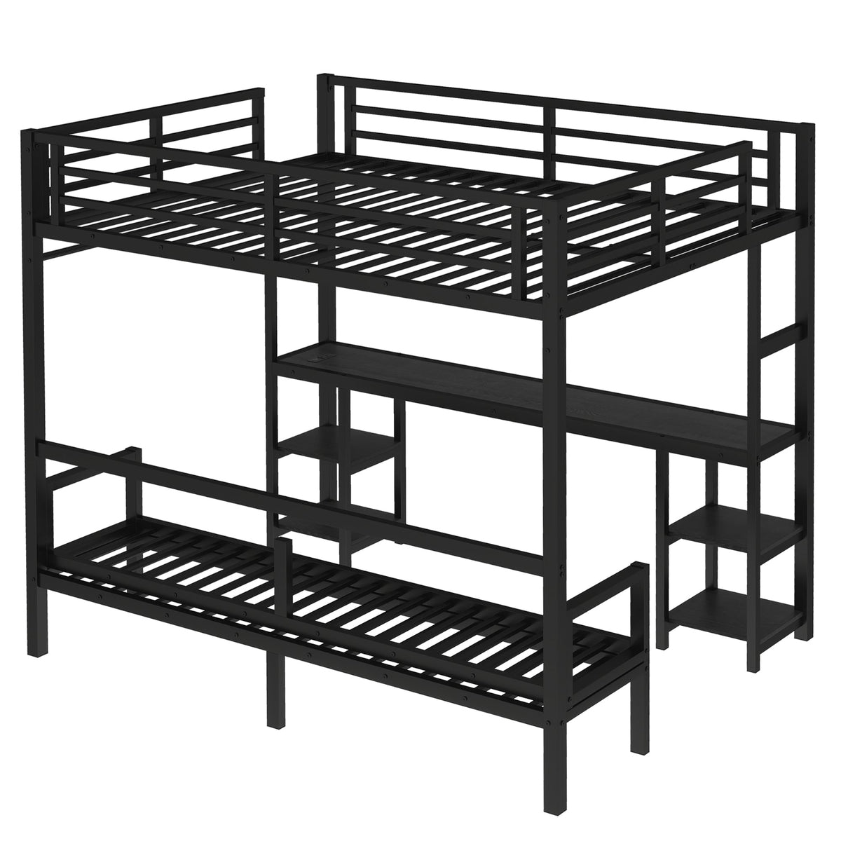Queen over Twin XL Metal Bunk Bed with Desk and Shelves in black by HouseOfZazla on Tampa Home & Garden Store