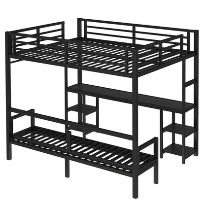 Queen over Twin XL Metal Bunk Bed with Desk and Shelves in black by HouseOfZazla on Tampa Home & Garden Store