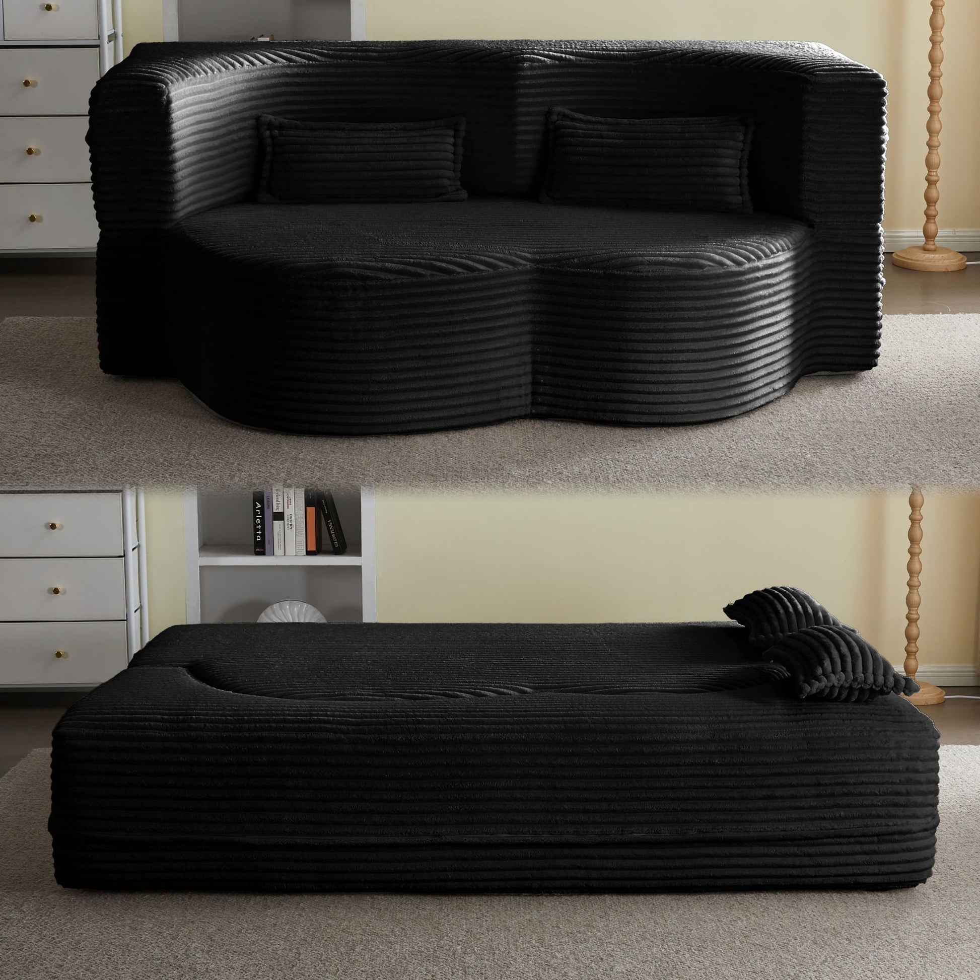 Floor convertible sleeper sofa bed with 2 pillows, black ribbed upholstery by HouseOfZazla on Tampa Home & Garden Store