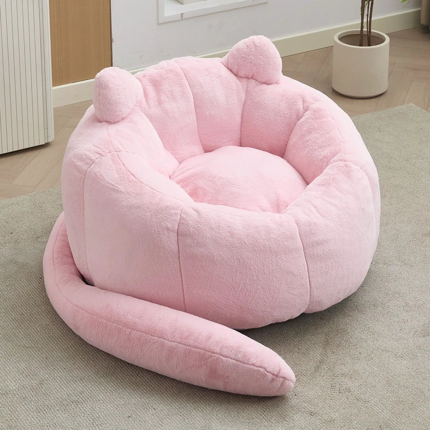 Cat shaped bean bag sofa in pink plush fabric with a long tail by Unique Piece Furniture on Tampa Home & Garden Store