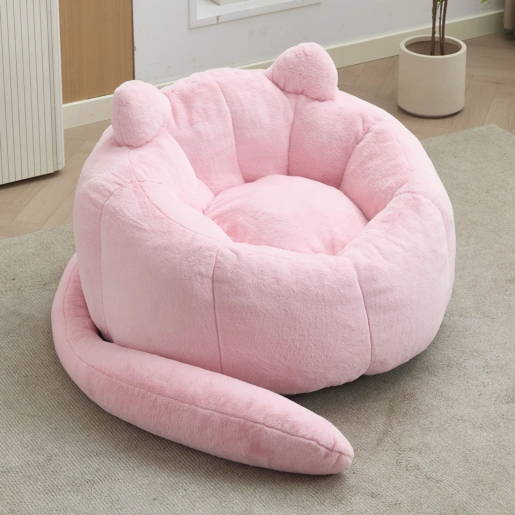 Cat shaped bean bag sofa in pink plush fabric with a long tail by Unique Piece Furniture on Tampa Home & Garden Store