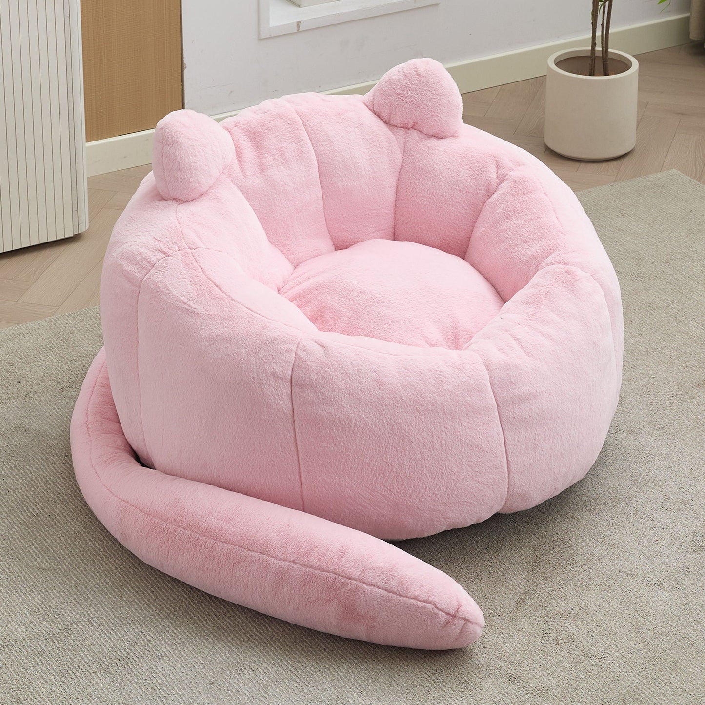 Cat shaped bean bag sofa with long tail in soft pink plush fabric by HouseOfZazla on Tampa Home & Garden Store