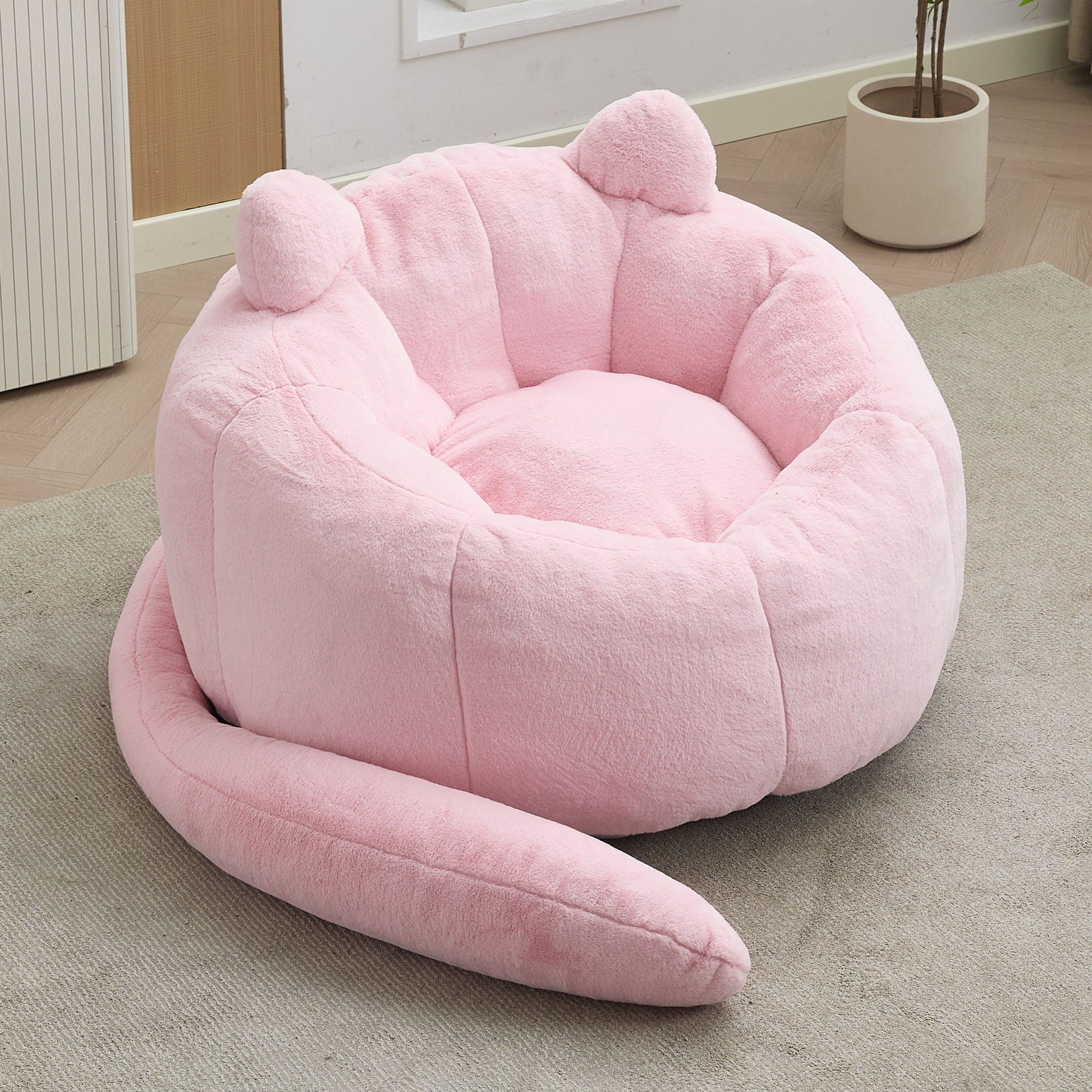 Cat shaped bean bag sofa with long tail in soft pink plush fabric by HouseOfZazla on Tampa Home & Garden Store
