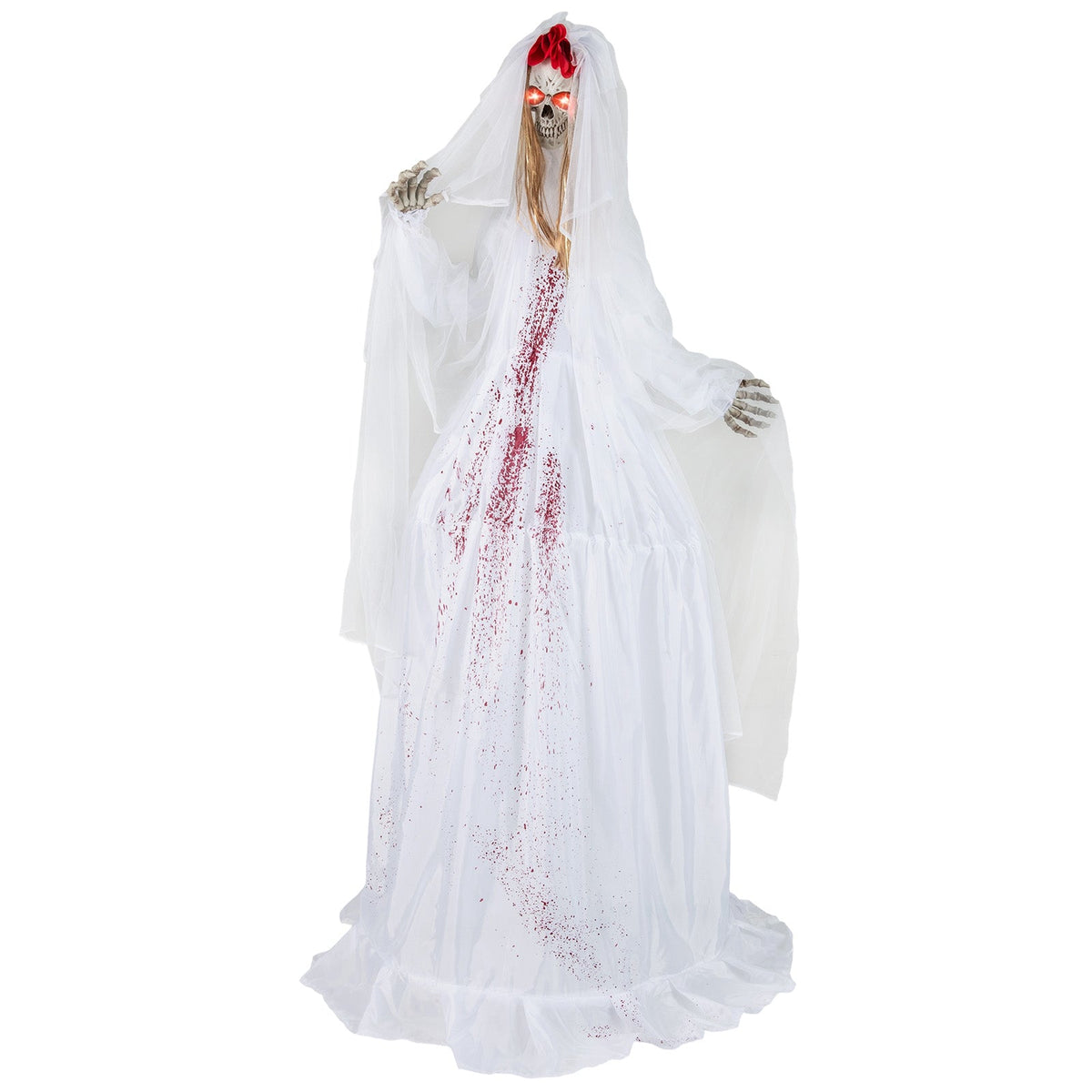 Halloween Animatronic Standing Bride 7.2 ft, white veil dress, skeletal face, glowing red eyes on Tampa Home & Garden Store