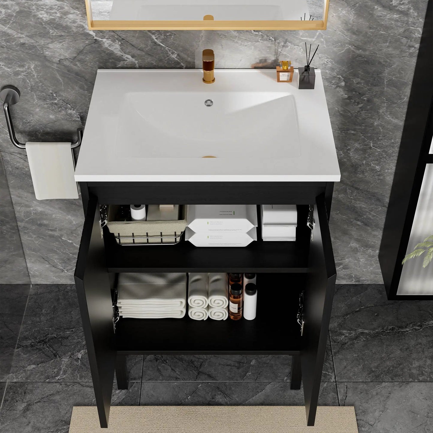 Bathroom vanity with ceramic sink, floor-standing design, gold faucet, soft-closing drawers on Tampa Home & Garden Store