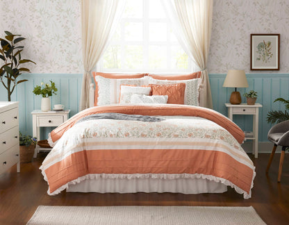 9pc Coral Queen Cotton Percale Comforter Set on bed with coral quilt and pillows on Tampa Home & Garden Store