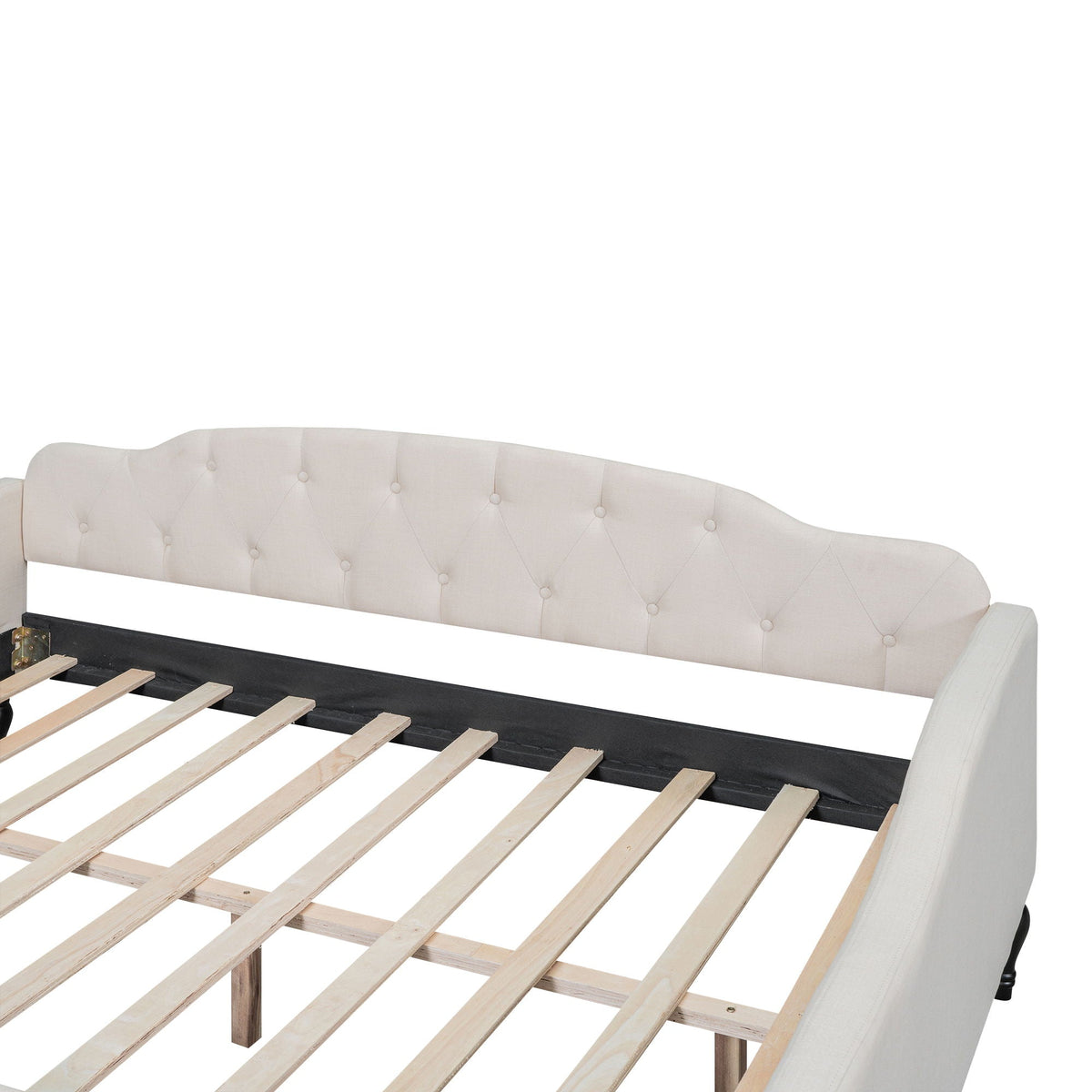 Upholstered tufted daybed by HouseOfZazla with light beige fabric and visible wooden slat base on Tampa Home & Garden Store